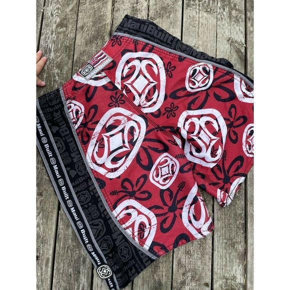 Men’s Maui Built Hawaii Black & Red Classic All Over Logo Surf Board Shorts 28 - Picture 12 of 12